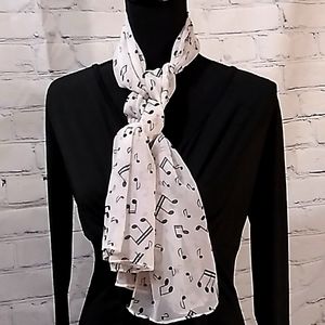 Chiffon Black Music Note Print Wrap Scarf White + Scarf Buckle